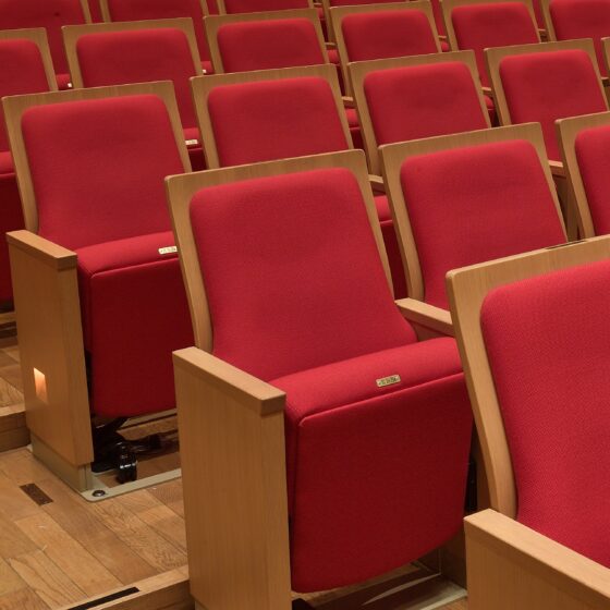 ミューザの客席。全面赤色の厚手の布で覆われている。