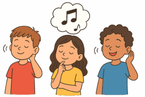 3人の子供。音楽を聴きながらイメージをふくらませている。