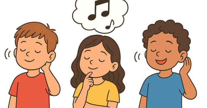 3人の子供。音楽を聴きながらイメージをふくらませている。