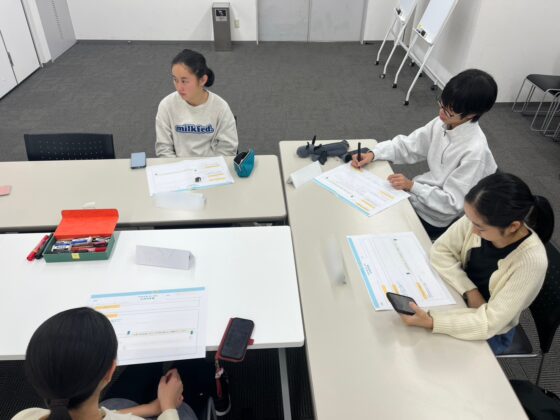 企画展示室で、4人のメンバーがテーブルを囲み、資料に書き込んだり、スマートフォンをチェックしたりしながら話し合いをしている様子。