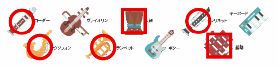 リコーダー、サクソフォン、トランペット、クラリネットに丸、太鼓、鉄琴に四角が書かれている。