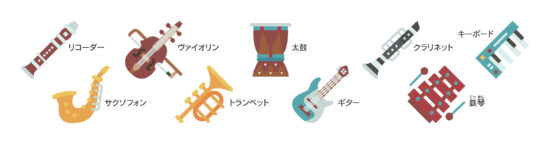 楽器の絵。リコーダー、サクソフォン、ヴァイオリン、トランペット、太鼓、ギター、クラリネット、鉄琴、キーボードが描かれている。